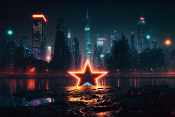 Stars and stripes over neon city