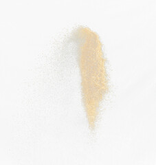 Fototapeta na wymiar Sand flying explosion, Golden sand wave explode. Abstract sands cloud fly. Yellow colored sand splash throwing in Air. black background Isolated high speed shutter, throwing freeze stop motion