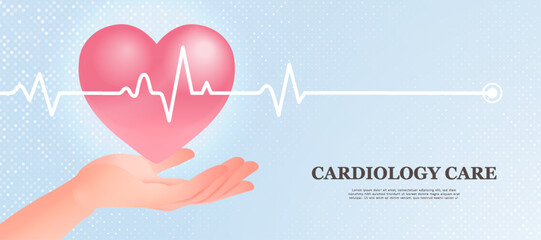 Cardiology care banner with hand shows heart and cardiogram. Vector illustration in flat style