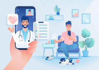 Telemedicine concept with doctor and patient via a smartphone. Vector illustration in flat style