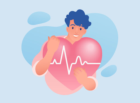 Vector illustration of man holding heart and cardiogram. Health care concept.