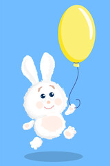 Cute fluffy rabbit running happily with a yellow balloon on a blue background. Cartoon vector illustration.