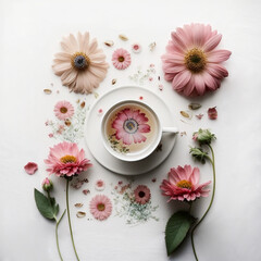 Flat lay photo of tea with flowers around, Generative AI