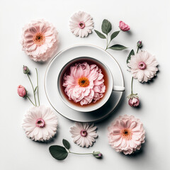 Fototapeta na wymiar Flat lay photo of tea with flowers around, Generative AI