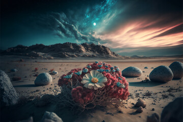 Fototapeta na wymiar Stunning landscape of an organic cosmos on an exotic beach with fluffy clouds and dark washed tintstones, Generative IA