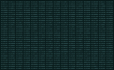 Computer binary code of ones and zeros displayed on digital screen with columns and rows of green numbers
