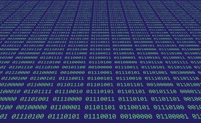 Computer binary code of ones and zeros displayed on digital screen with green and blue matrix style numbers