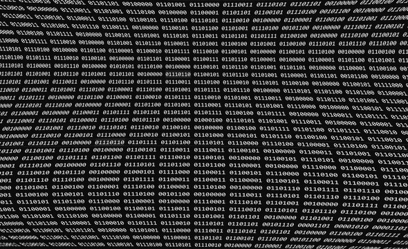 Computer binary code of ones and zeros displayed on warped digital screen with black and white matrix numbers