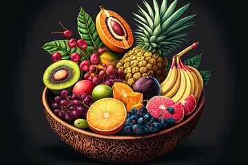A Delicious and Fresh Fruit Basket Full of Different Kind of Fruits, Composed in a Tempting Colourful Way, disposed over a table, generative ai