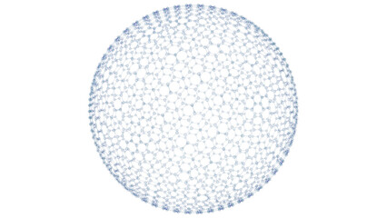 Fototapeta na wymiar Spheres shredded into fine hexagonal atoms of clear blue under white background. Concept 3D CG of high-precision strength analysis, blockchain information technology and social human relations.