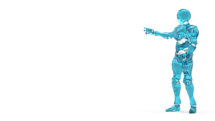 Detailed appearance of the clear blue AI robot under white background. Concept 3D CG of automatic operation, optimization and block chain. PNG file format.