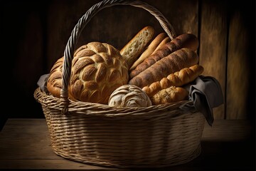 A basket full of delicious fresh bread, containing diverse kind of breads like baguettes, surdoughs, rye, pumpernickel,  ciabatta, multigrain, and others, on a traditional basket, generative ai