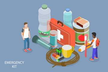 3D Isometric Flat Vector Conceptual Illustration of Emergency Kit, Disaster-preventive Items Set
