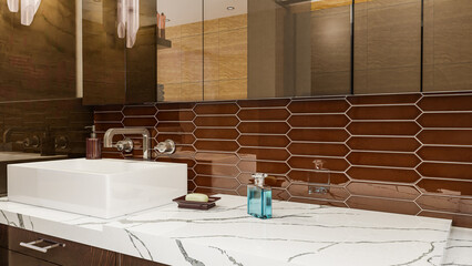 Modern bathroom details of white quartz counter, porcelain sink, and white tile backsplash.