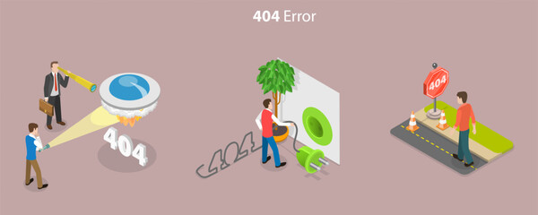 3D Isometric Flat Vector Conceptual Illustration of 404 Error, Disconnection or Loss of Connectivity