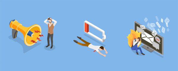3D Isometric Flat Vector Conceptual Illustration of Lowering Work Efficiency or Burnout, Overworked Employees