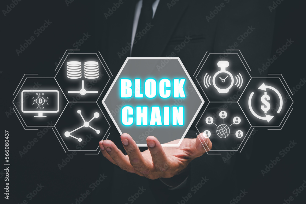 Aufkleber blockchain technology concept, businessman hand holding blockchain icon on virtual screen, fintech c