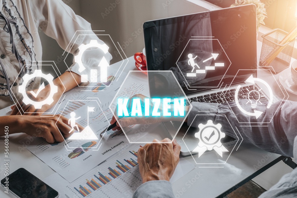 Poster kaizen concept, business person team working on laptop and analyzing financial data with kaizen icon