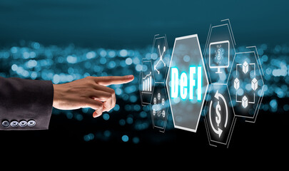 DeFi -Decentralized Finance on dark blue abstract polygonal background. Concept of blockchain, decentralized financial system