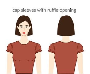 Cap sleeves clothes - short character beautiful lady in brown top, shirt, dress technical fashion illustration with fitted body. Flat apparel template front, back sides. Women, men unisex CAD mockup