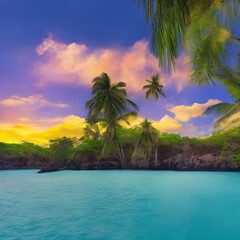 Naklejka na ściany i meble Fantasy tropical paradise island beautiful background illustration AI cartoon art