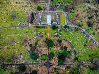 Aerial view of St Mary's Catholic Cemetery, located on Harrow Road, Kensal Green in North West...