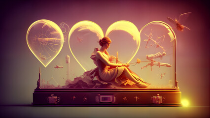 A woman sitting and waiting in front of glass hearts. Generative AI