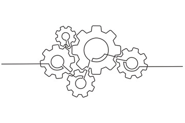 Continuous line drawing of machine gears. the concept of gears on a single-line style machine. Machine gear technology concept in single line doodle style. - obrazy, fototapety, plakaty