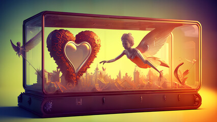 A giant angel-like figure flies over a city towards a giant heart. Generative AI