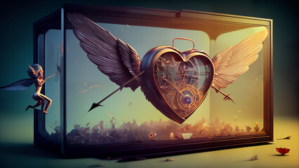 A glass container giant intricate heart with angel wings with a small cupid on the outside looking in. Generative AI