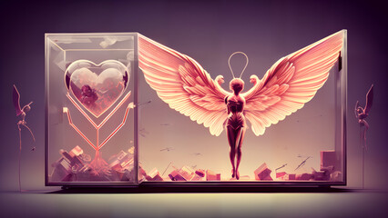 A decorative display with a heart encased in glass and a figurine of an angel. Generative AI