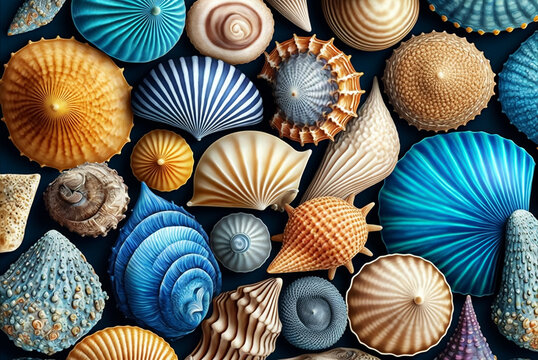 Pattern of various sea shells. Generative AI