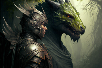 dragon in the night and worrier  in armor illustration AI