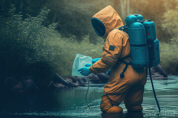 Created with Generative AI technology. water quality toxicity study. a man in a protective suit takes water samples after a man-made disaster
