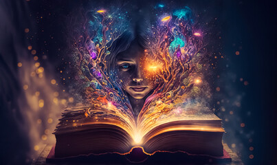 Young sorceress with open magic book casting spells.  Fantasy background. digital art, generative ai