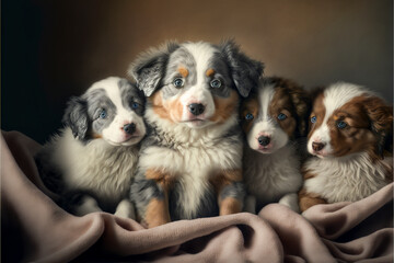 AI Generative portrait of a dog, puppies, Australian Shepherd, blue merle, portrait, cute,