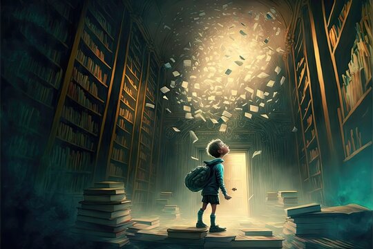 Boy Exploring A Magical Library Of Floating Books - AI Generated