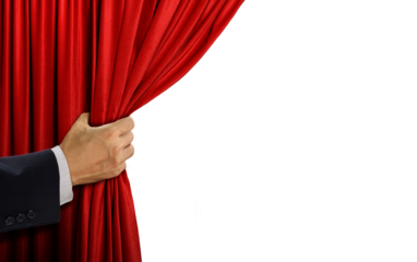 Hand holding red curtain.
