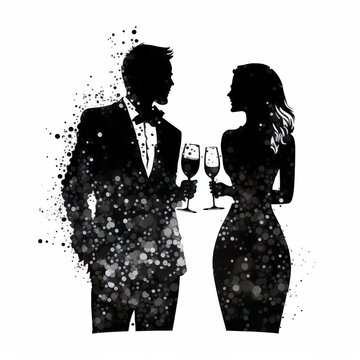 silhouette of a man and woman celebrating, white background