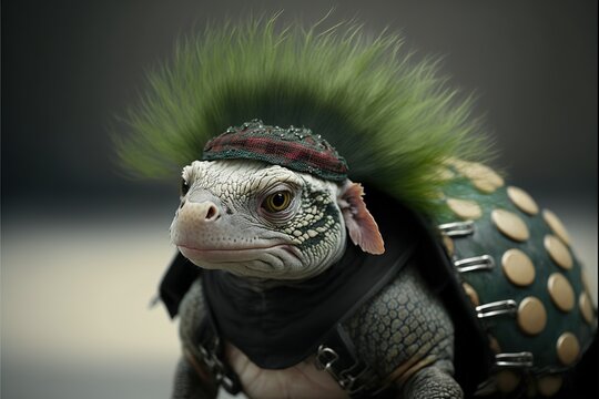 Created with Generative AI technology. Shot of an animal punk rocker. Turtle dressed as a rocker