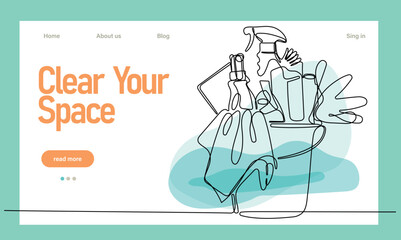 Home cleaning service landing page design concept, illustration of janitors with cleaning tools. Vector illustration