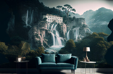 A view of cascade of waterfalls, beautiful landscape inside interior with sofa - obrazy, fototapety, plakaty