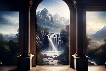 A view of cascade of waterfalls, beautiful landscape - obrazy, fototapety, plakaty
