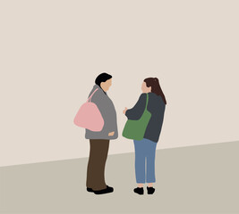 Two women friends with shopping bags talking on the street. People, communication and friendship concept