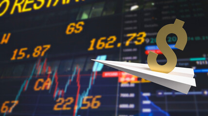 The gold dollar symbol on paper plane for business concept 3d rendering