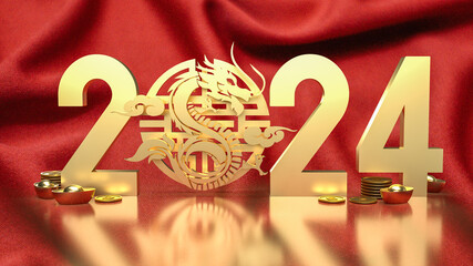 The gold Chinese money and dragon zodiac for 2024 year 3d rendering