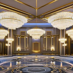 A glamorous Art Deco inspired ballroom with a mirrored ceiling and chandeliers1, Generative AI - obrazy, fototapety, plakaty
