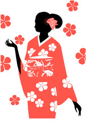 着物を着た女性のシルエットと桜の花