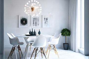 Beautiful modern dining room interior design with a white empty wall, Generative AI
