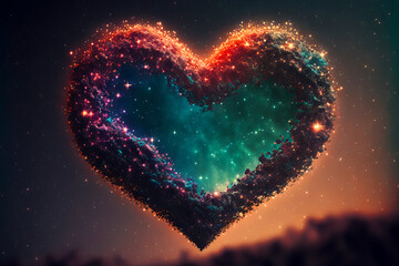 beautiful abstract and colorful 3d heart made with rocks  and stars with an universe inside under a night sky background for St. Valentine's Day, weddings, anniversary or Mothers day. Generative AI, w